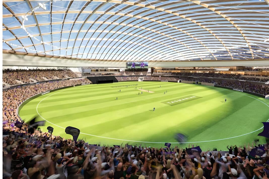 The new stadium will feature the world's largest timber roof - as part of a fully transparent ETFE and steel hybrid system. (Image Credit: Tasmanian Government)