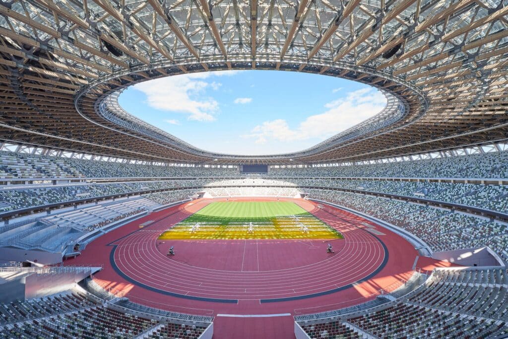 The enormous roof was fabricated by Shinohara Shoten, one of Japan's largest timber fabricators. (Photo Credit: Japan Sport Council)