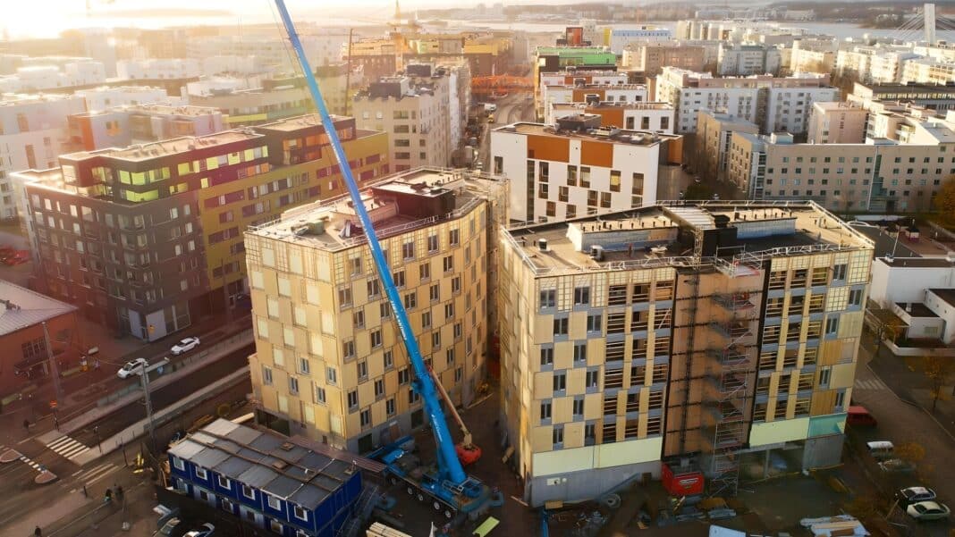 The Wood City under construction - with the latest mass-timber building, the final building to be developed in the quarter, Finland is taking on the EU's new taxonomy head on. (Photo Credit: Sami Kero / HS)