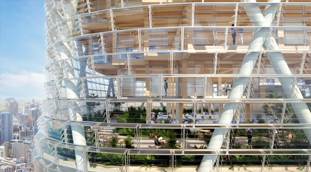 Designed by architects ShoP and BVN, the tower will combine mass timber elements, a steel “exoskeleton”, and a glass facade that will generate electricity. (Photo Credit: Images Courtesy of Dexus)