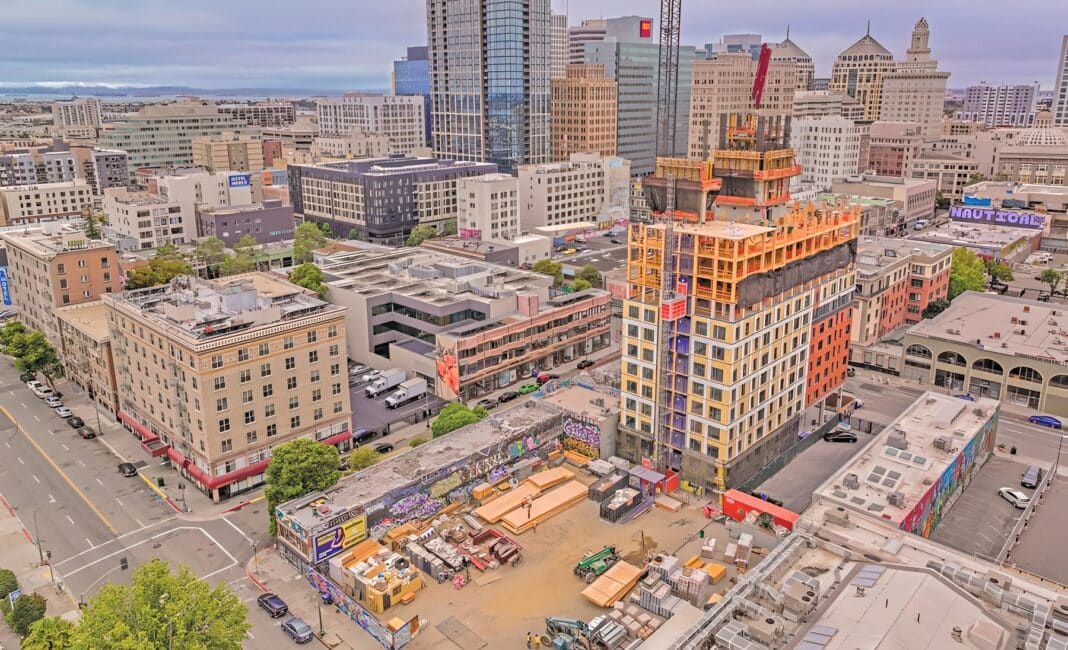 1510 Webster Street, developed by oWOW in downtown Oakland, California. Wood Central understands that the project is an example of a new type of mass timber construction system being used to reduce the cost, speed up construction and address some of the roadblocks to ramp up social and affordable housing (Photo Credit: DCI Engineers)