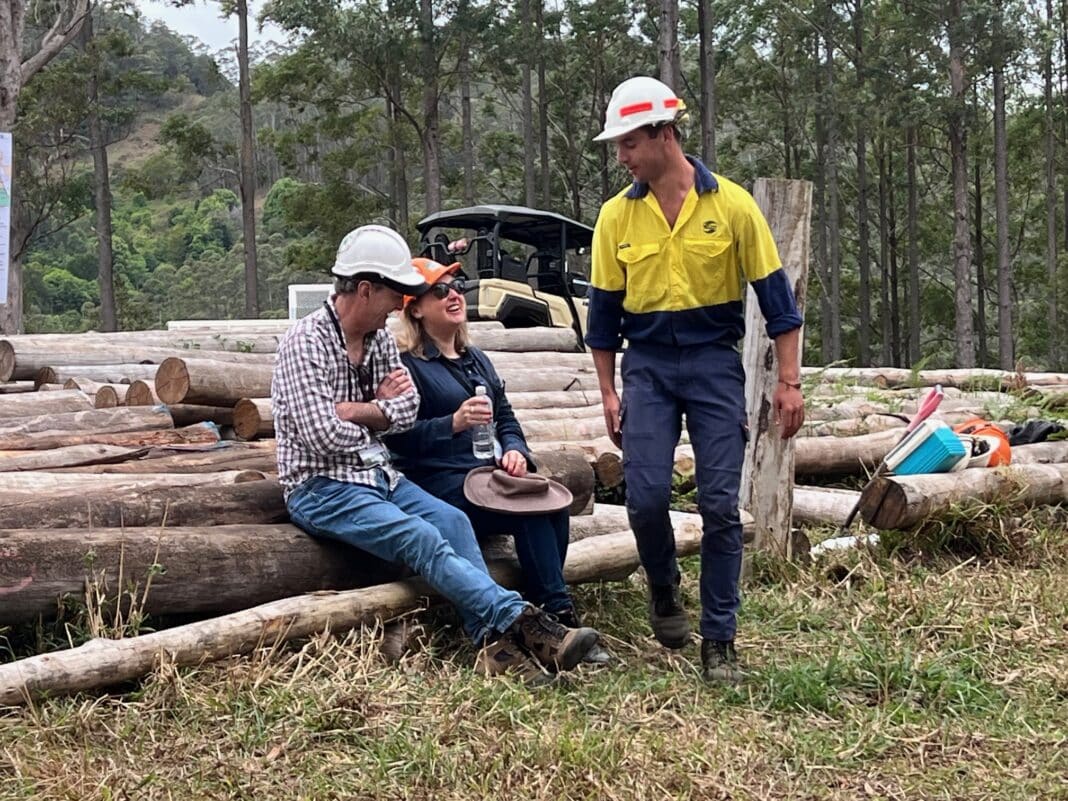 Gottstein Scholar Liam Dean (right) shares a joke with Helen Murray and Mick Stephens at a Super Forest Plantations field trip.