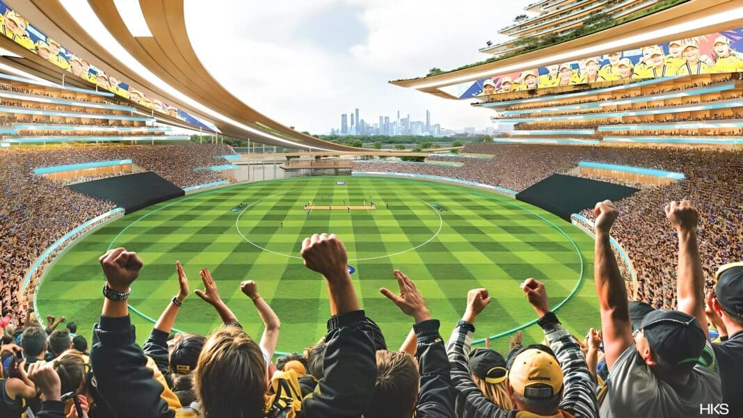 Designs by HKS architects, which show the stadium being used for cricket.