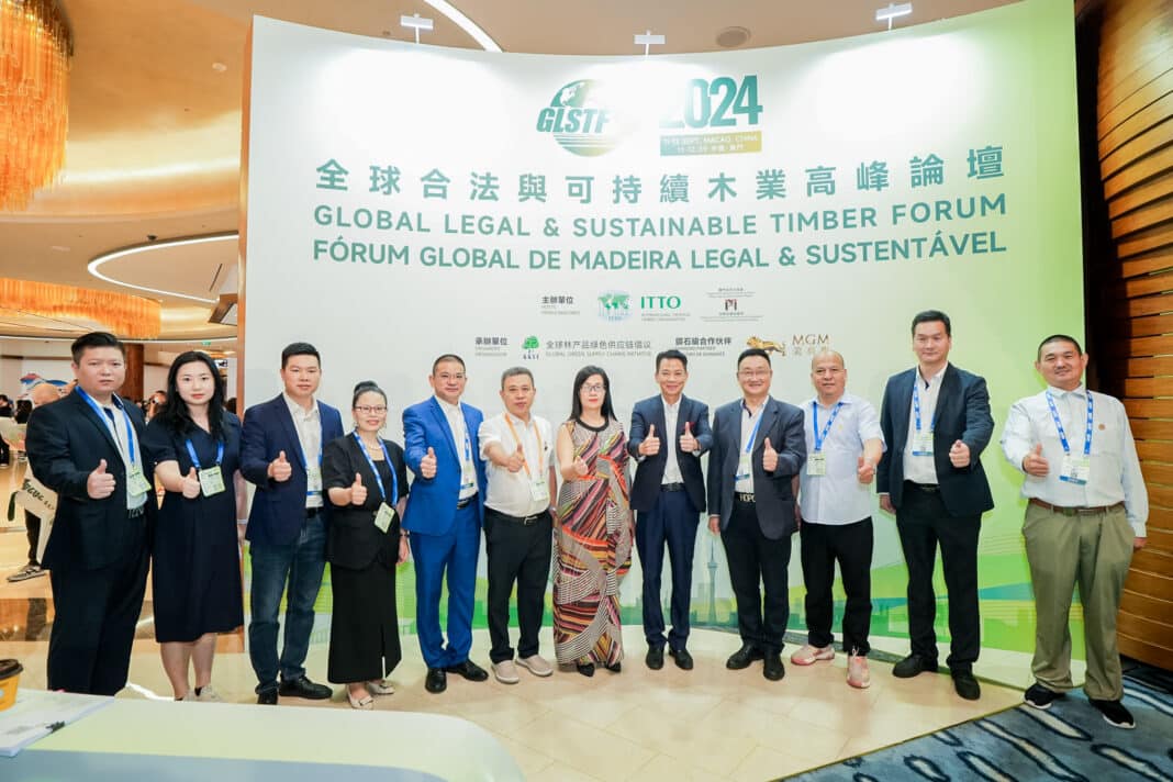 Keynote speakers at the Global Legal and Sustainable Timber Forum in Macao this month… thumbs up for strengthening international collaboration among stakeholders in timber supply chains. (Photo Credit: GLSTF 2024).