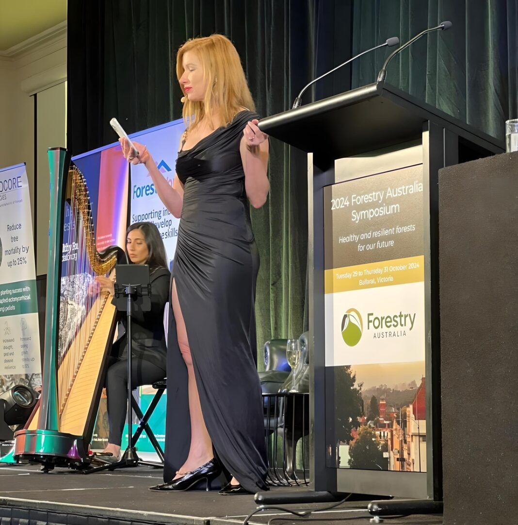 Kirsha Kaechele, co-owner of MONA, spoke to more than 300 scientists, researchers, forestry professionals and foresters at the Forestry Australia National Symposium in Ballarat today. (Photo Credit: Forestry Australia)