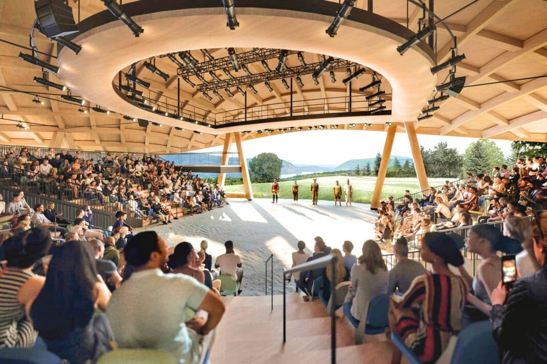 The stage’s proscenium arch is carefully orientated to frame the ridgelines of the Hudson Valley—including Storm King, Snake Hill, and Breakneck Ridge—and the river below, while shading the audience and actors from the sun during dusk performances. (Photo Credit: Design Studio)