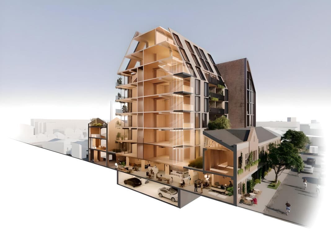 On Friday, MODEL revealed plans to build 180 units out of mass timber to convert the historic 1880s Schweppes Cordial factory into a nine-storey build-to-rent project in Melbourne's inner north. (Image Credit: MODEL Render)