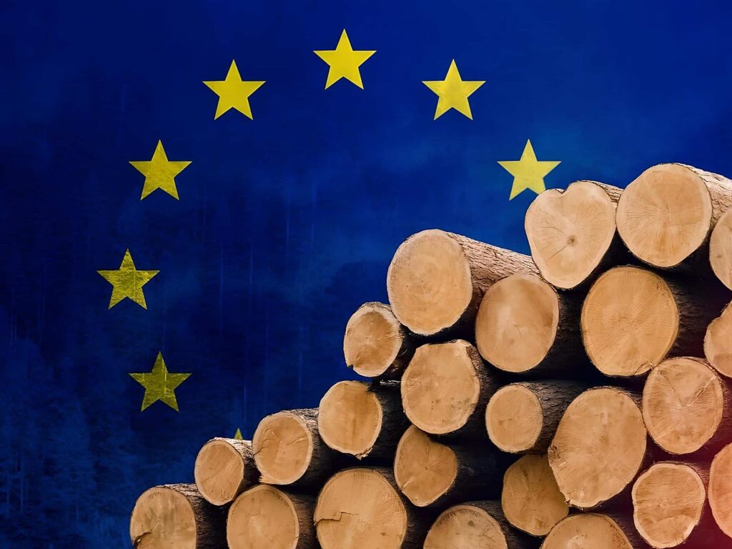 Stacked softwood logs against European Union flag — Norway accounted for 85.7% of EU log imports in January 2026 as total volumes rose 19% year-on-year to 554,600 cubic metres, per Eurostat data.