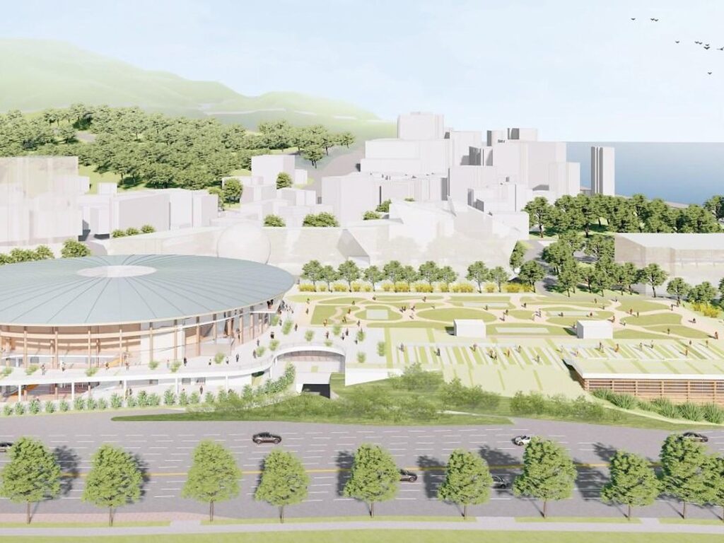 Aerial render of the Gwangjang-dong sports complex showing a circular timber-roofed arena beside landscaped parkland running toward the Han River.