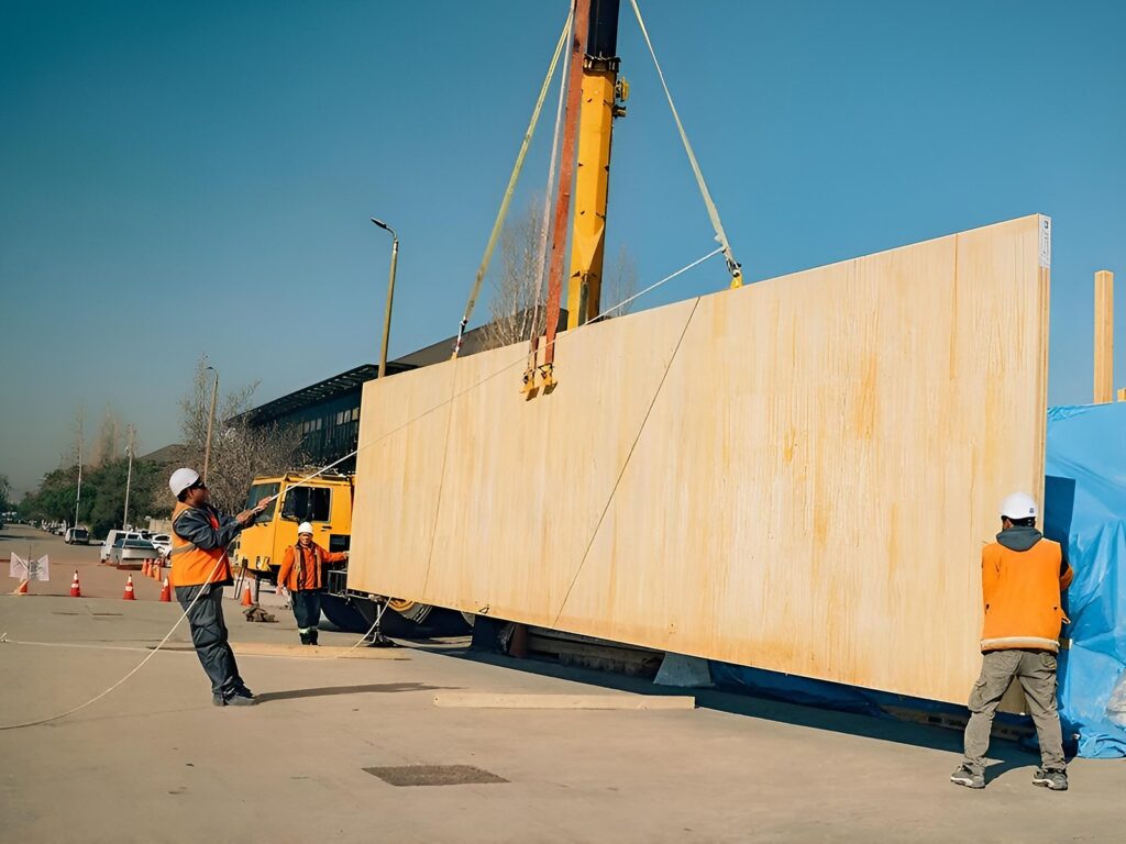 Three workers in hi-vis guide a full-height cross-laminated timber wall panel suspended from a yellow crane against a clear blue sky